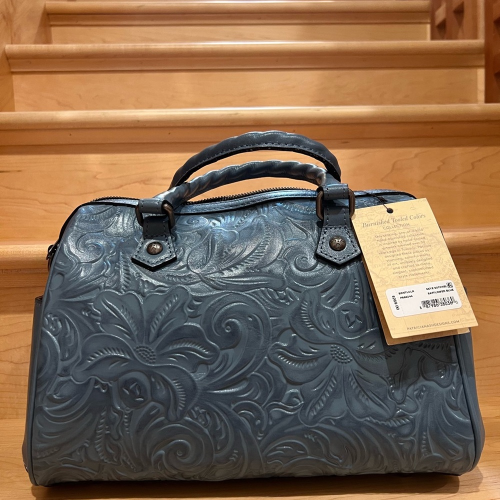 NWT PATRICIA NASH Skye Satchel in Tooled Leather Safflower Blue MSRP $269